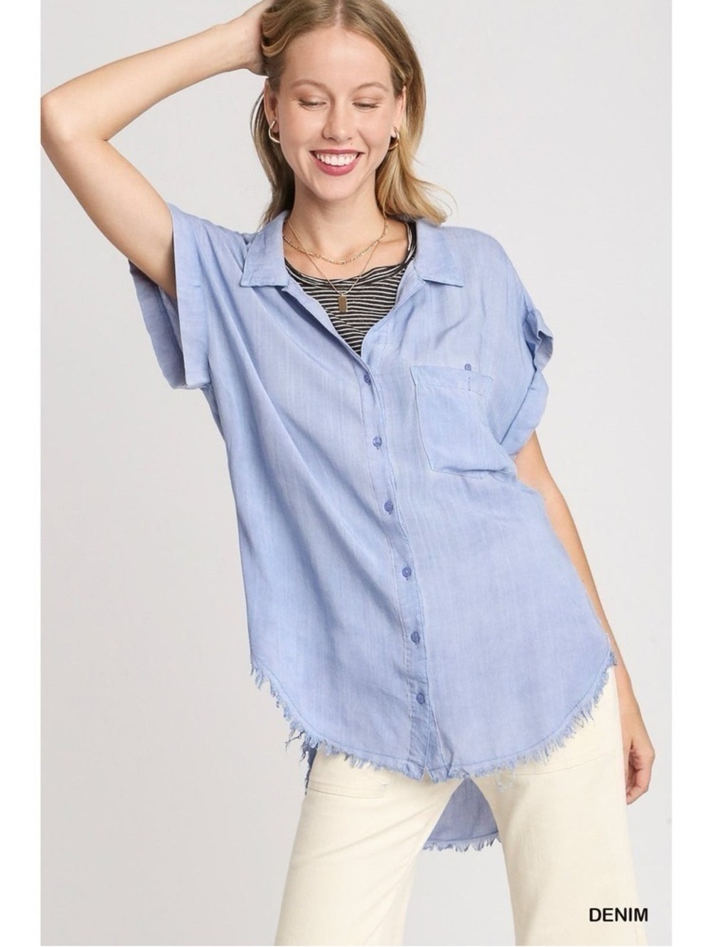 Umgee Denim Light Blue Short Sleeve Button Down with Raw Hem